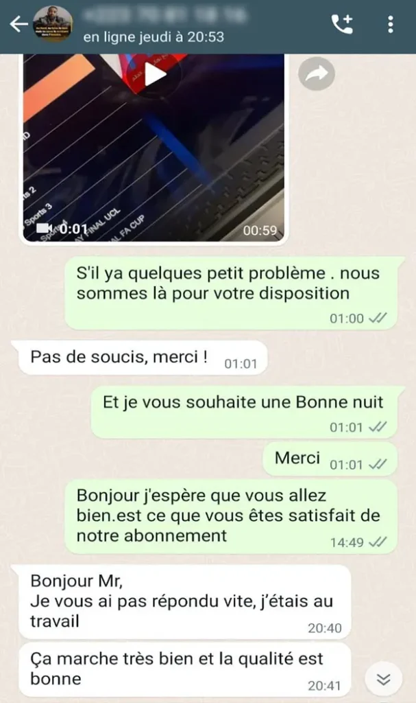 Commentaire d'un utilisateur satisfait de l'abonnement IPTV